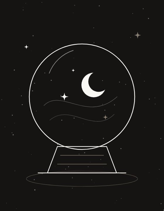 Boule de cristal sur son socle, sous un ciel étoilé